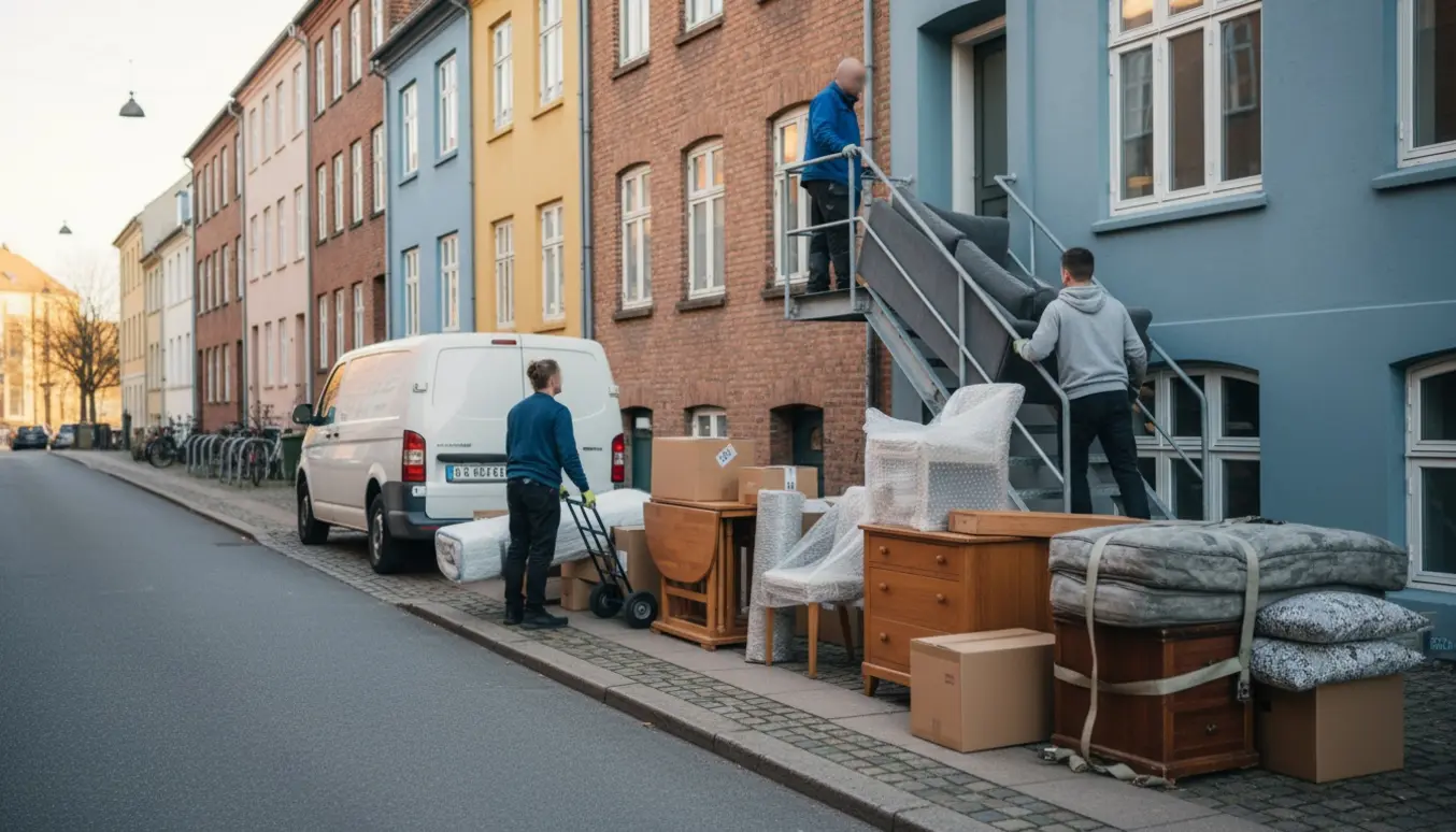 Flyttefolk bærer en sofa og stabler kasser foran en flyttevogn på en rolig gade i Valby.