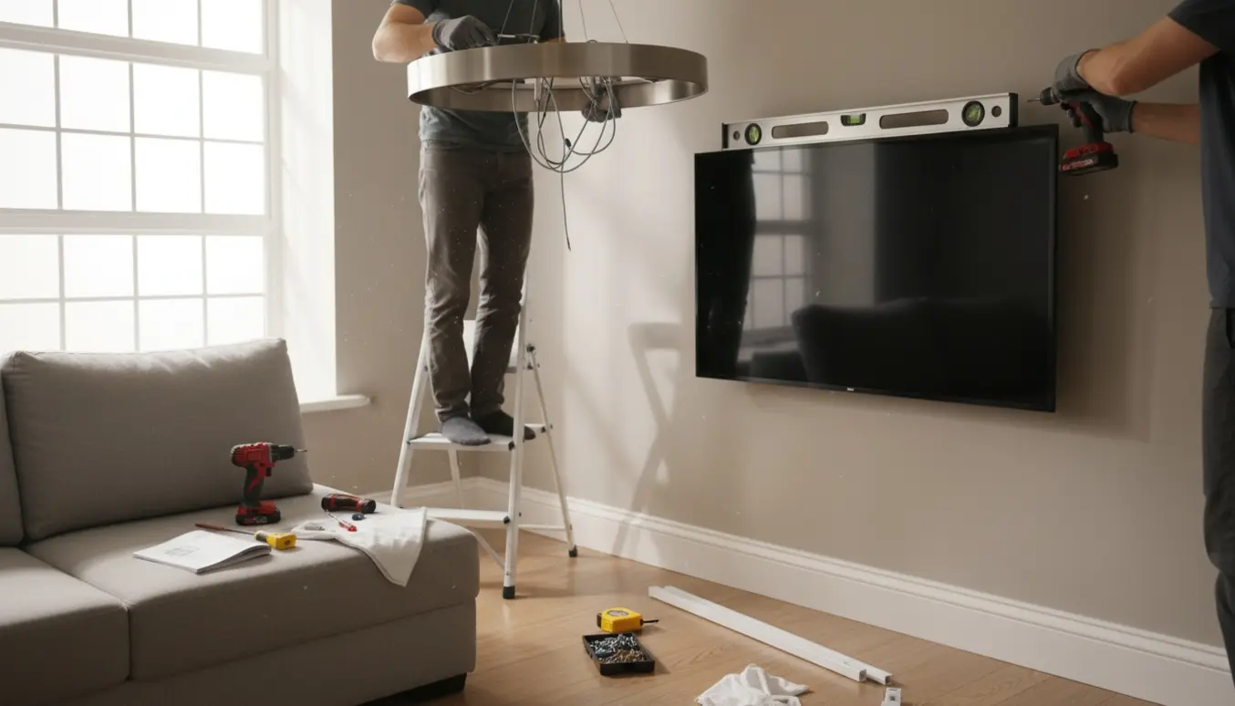 Installatør hænger en rund loftlampe op og monterer et fladskærms-tv på en væg i en lys, moderne stue.