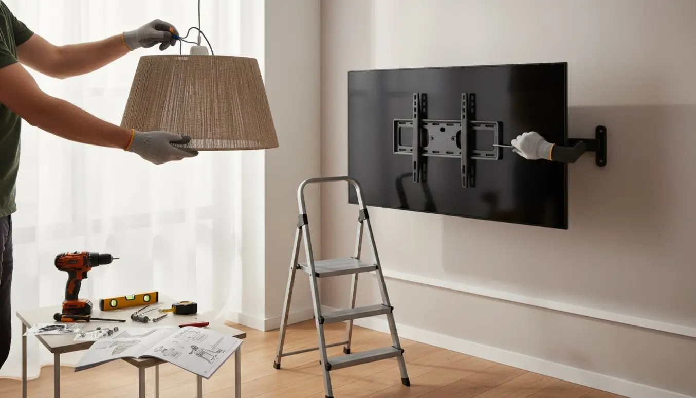 Hænger en loftlampe op og monterer et 55-tommer TV på væggen med et udsvingbart vægbeslag, kun hænder synlige.