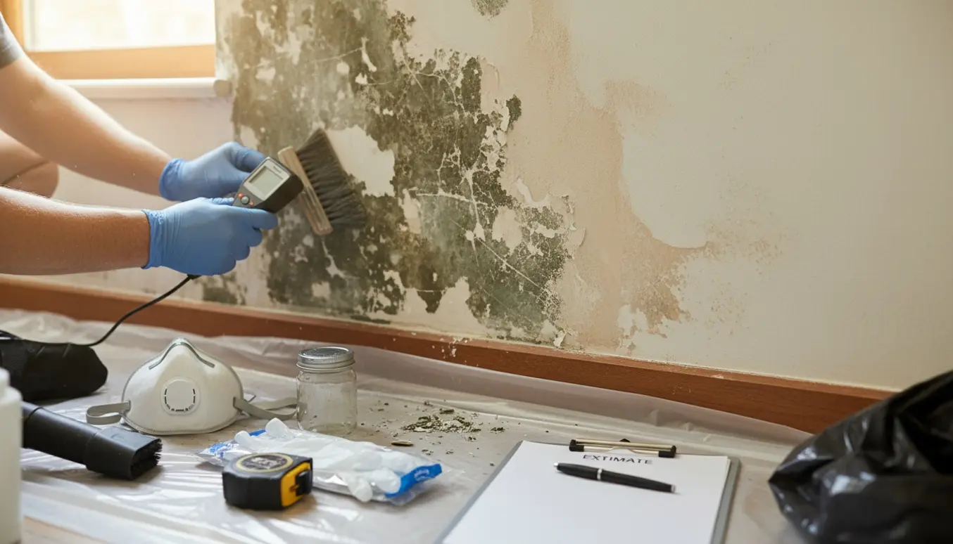 Nærbillede af skimmelsvamp på en indervæg med handsker, skraber og måleudstyr klar til undersøgelse og udbedring.