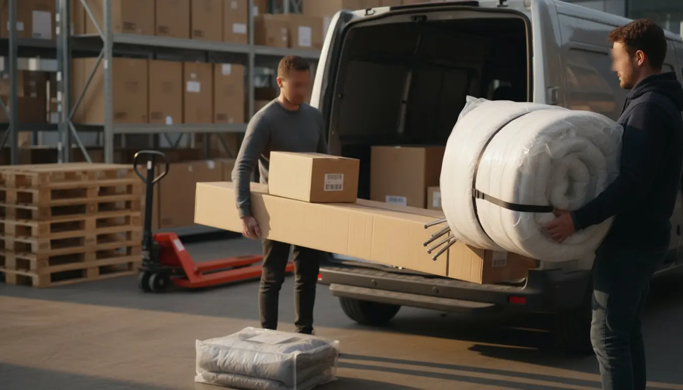 To personer læsser en rullemadras, dyne, sengetøj og sengedele ind i en varevogn ved et butikslager.