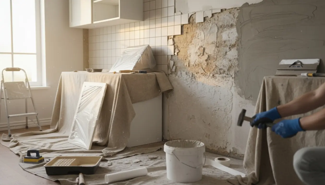 Køkkenvæg under renovering med fjernede fliser, tomme skabe, værktøj og frisk spartelmasse klar til maling.