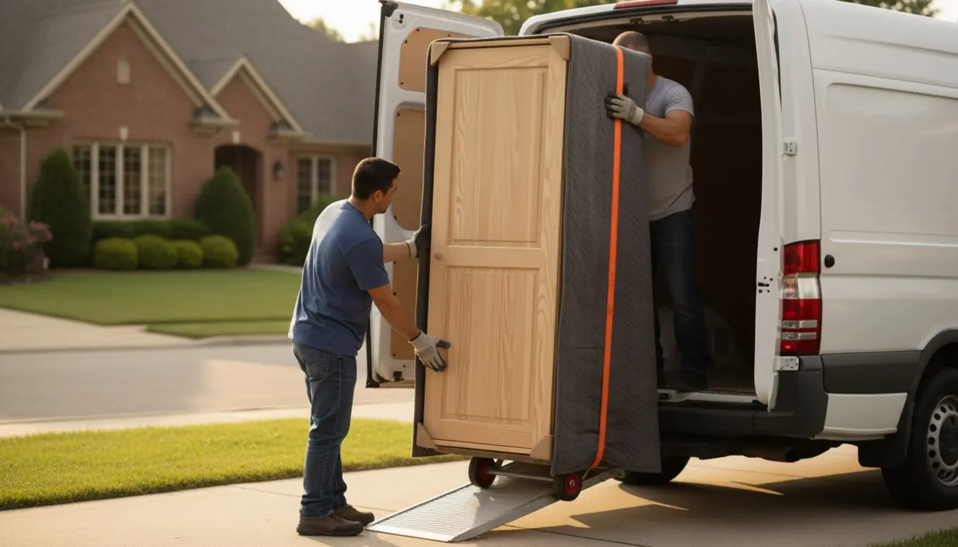 Et tyndt fyrreskab bliver løftet ind i en varevogn af to personer ved indkørsel.
