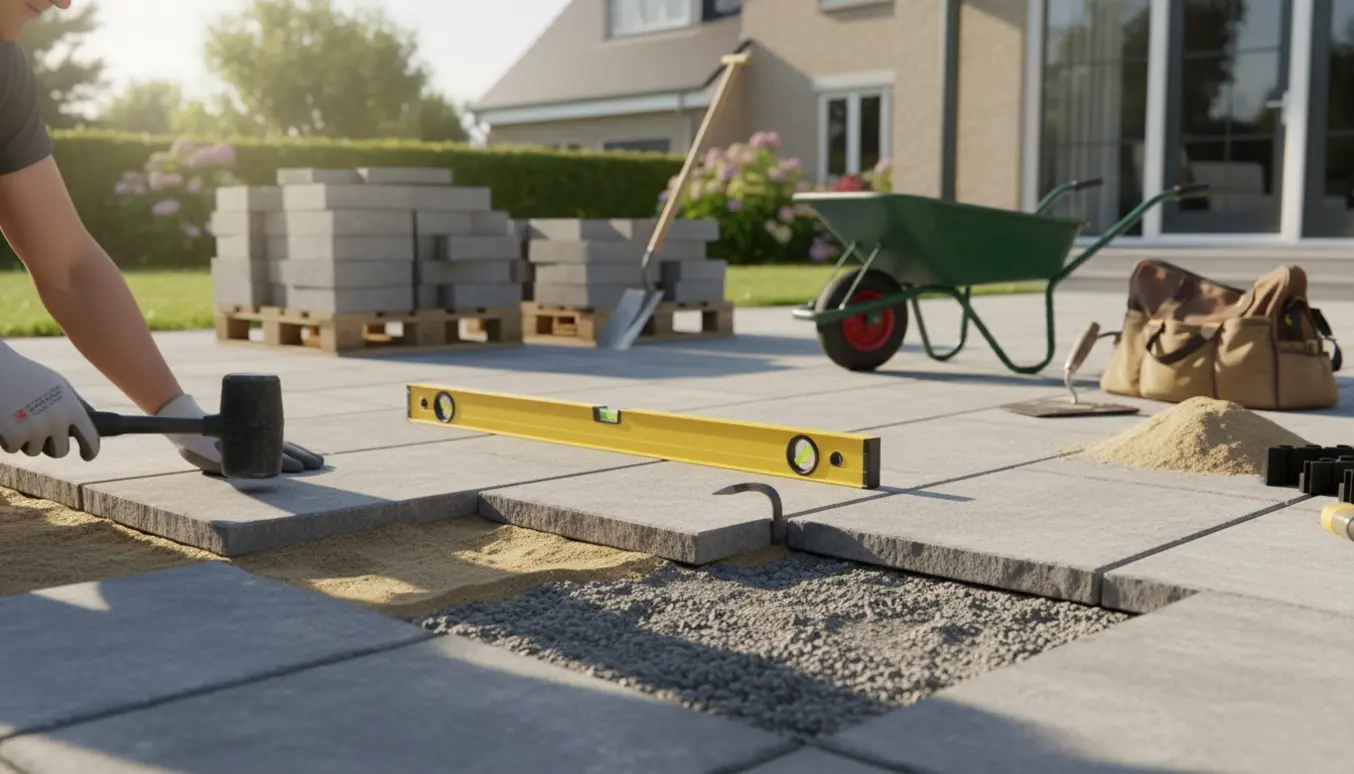 Renovering af terrasse med rektangulære fliser, handsker og værktøj i fokus.