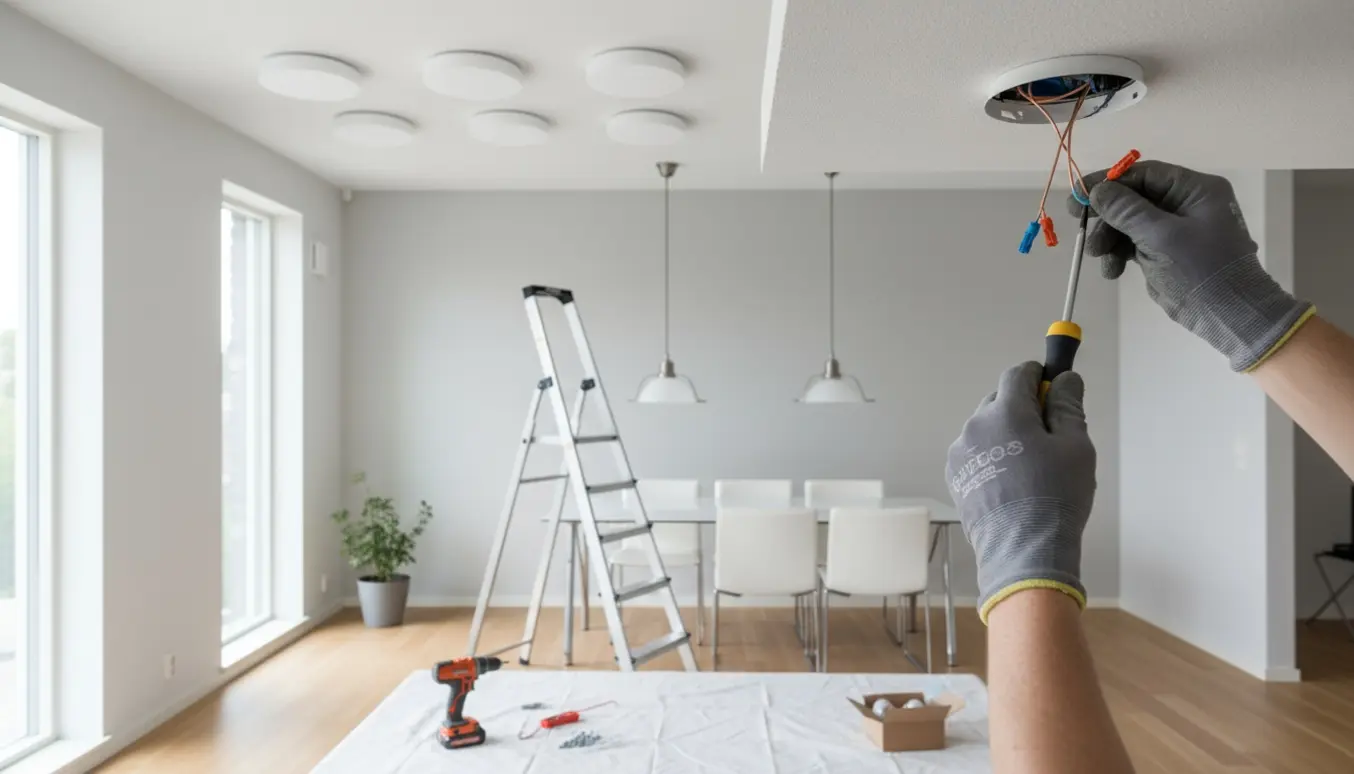 Installation af fem plafonder og to loftlamper i et lyst, moderne rum med stige og værktøj.