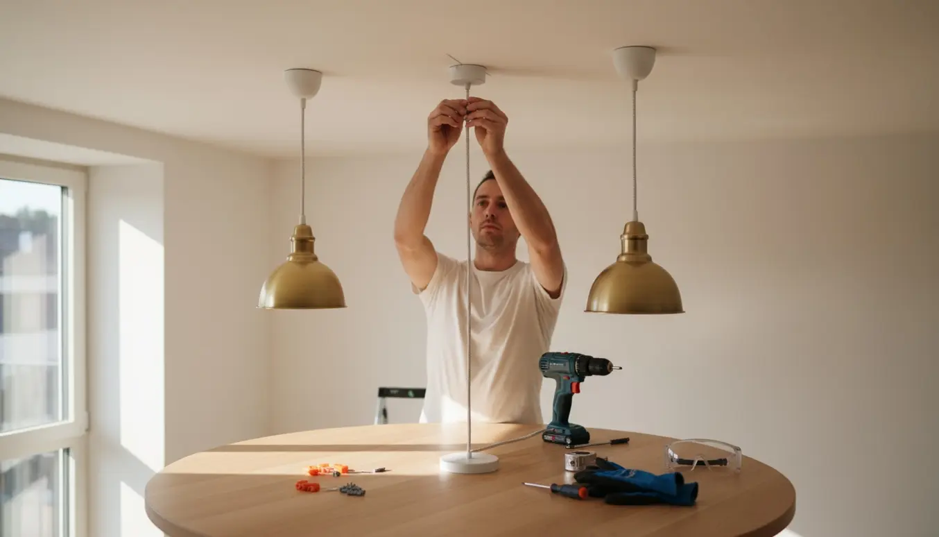 Hænder på en stige forbinder ledningen til en loftlampe, med to lampeskærme allerede monteret i baggrunden.
