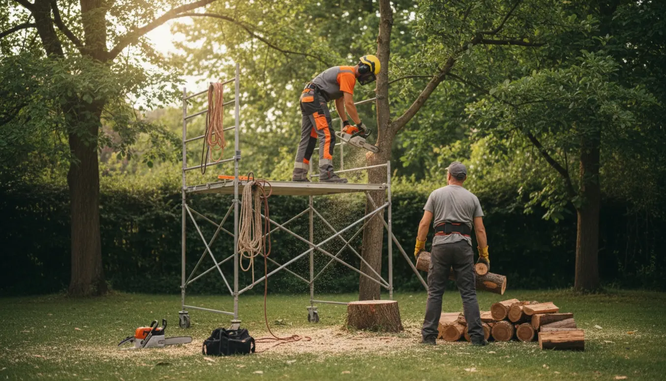 Arbejdere fælder træ og stabler skåret træ ved stillads i en have, ansigter ikke synlige.