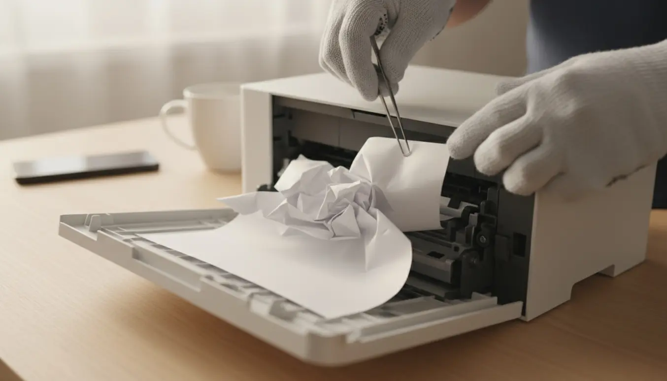 Nærbillede af hænder, der forsigtigt fjerner et fastklemt ark papir fra en åben inkjet-printer med pincet.