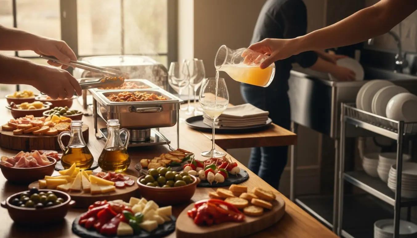 Hænder arrangerer en tapasbuffet og hælder en velkomstdrink, mens opvask foregår i baggrunden.