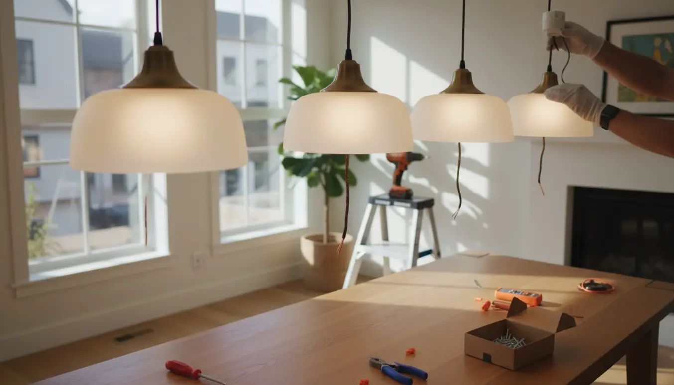 Hænder monterer tre loftlamper over et spisebord med stige, værktøj og dele i et lyst, moderne rum.