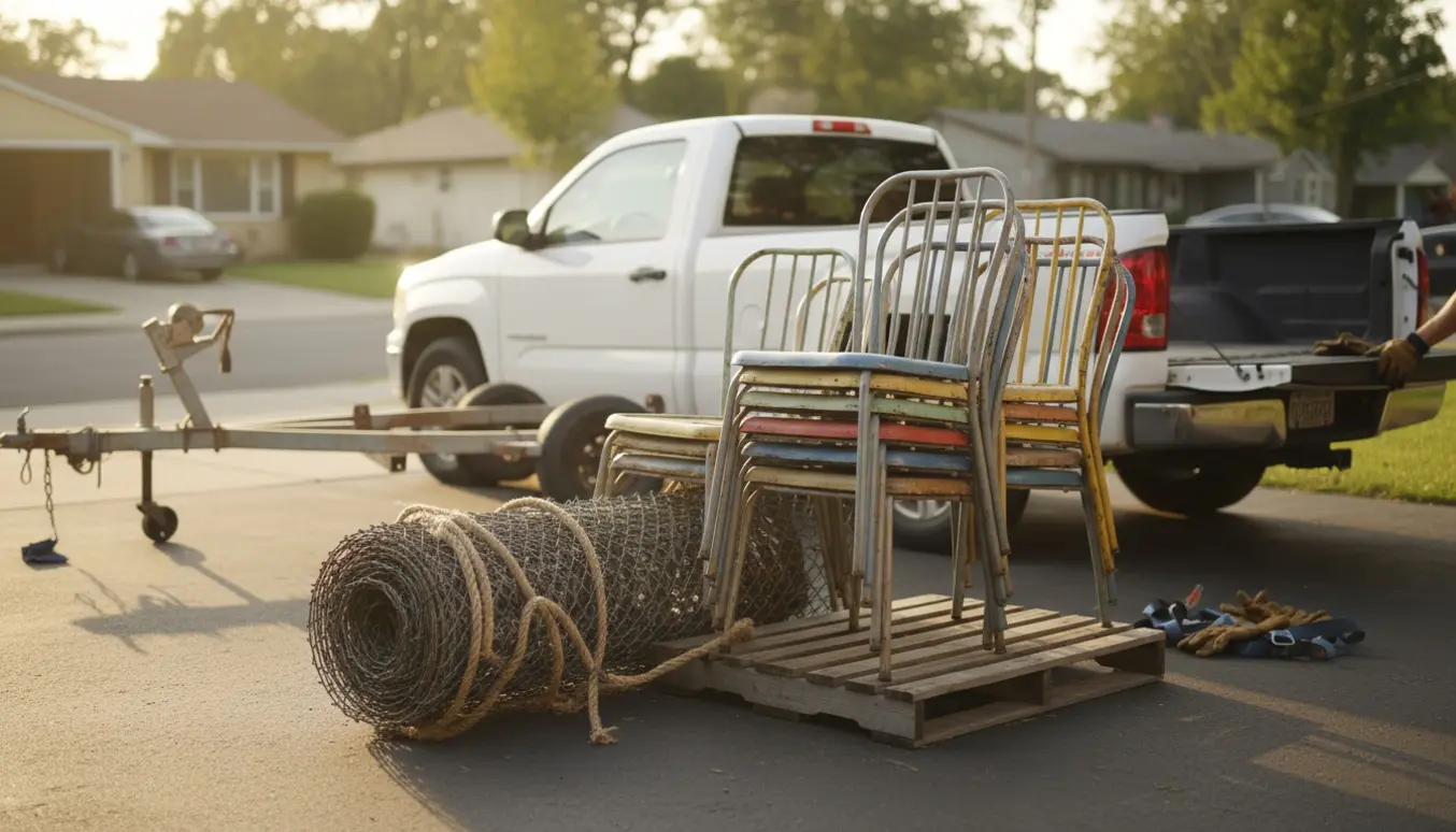 En stak metal spisestuestole, sammenrullet metalhegn og en lille jolletrailer klar til afhentning på indkørslen.