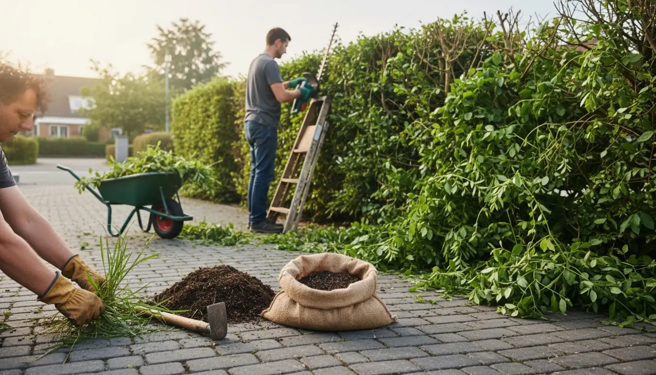 En hæk bliver klippet, mens hænder trækker ukrudt op mellem indkørslens fliser.