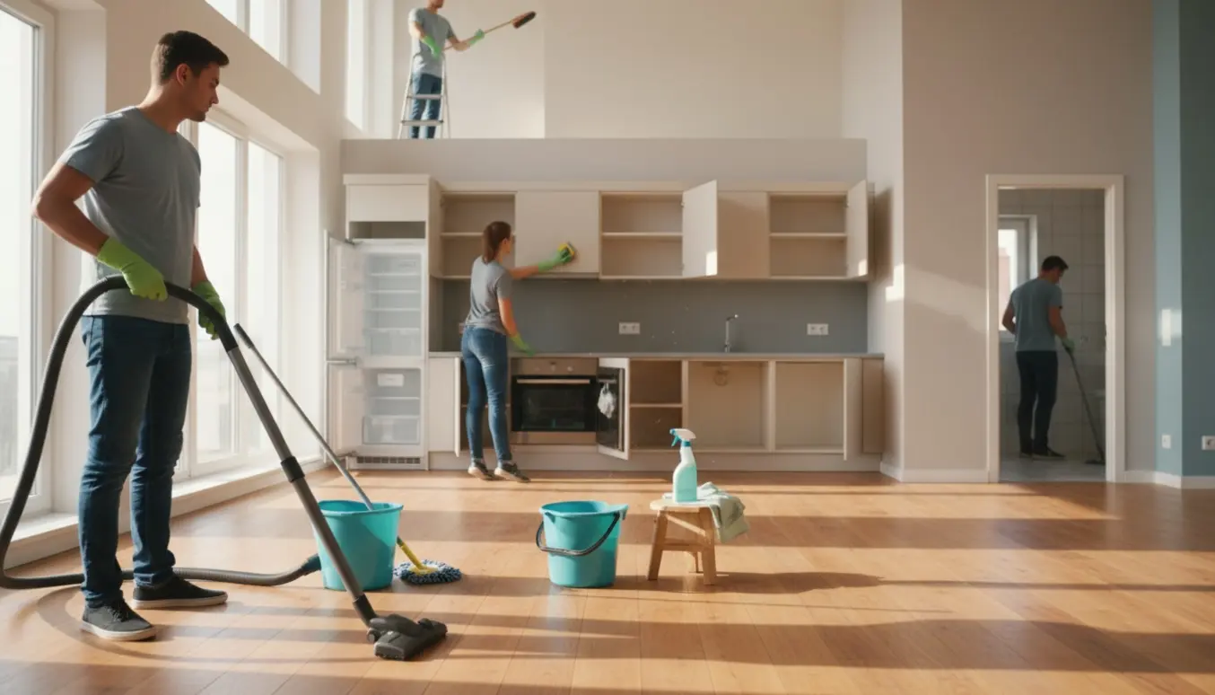 Rengøringsperson vasker gulv og tørrer skabe, ovn og køleskab i en soloplyst to-etagers lejlighed ved fraflytning.