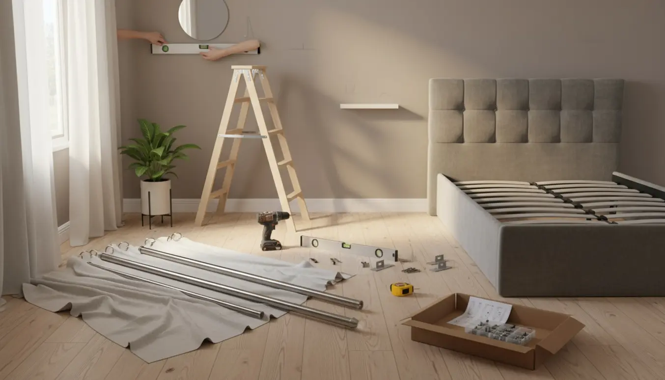Hænder monterer gardinstænger, spejl og lille hylde over en delvist samlet grå sengeramme i et lyst soveværelse.