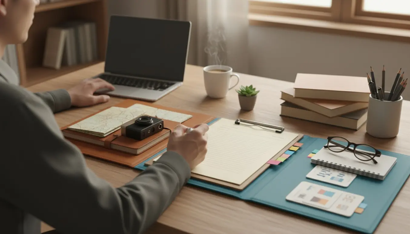 Hænder forbereder kandidatsøgninger ved et lysfyldt skrivebord med mapper, notesbøger og en bærbar.