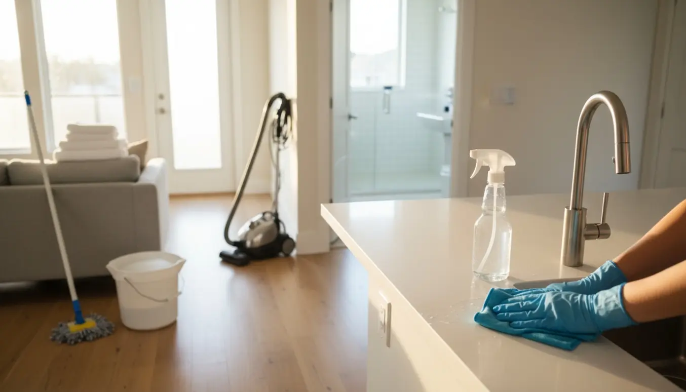 Hænder i gummihandsker pudser en køkkenhane i et lyst, nyrenset hjem med moppe, støvsuger og skinnende overflader.