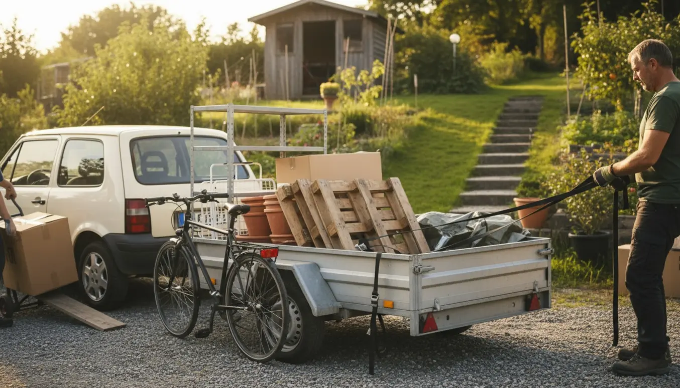 Trailer lastes med cykel, tørrestativ og stålreol ved en kolonihave med stejl sti.