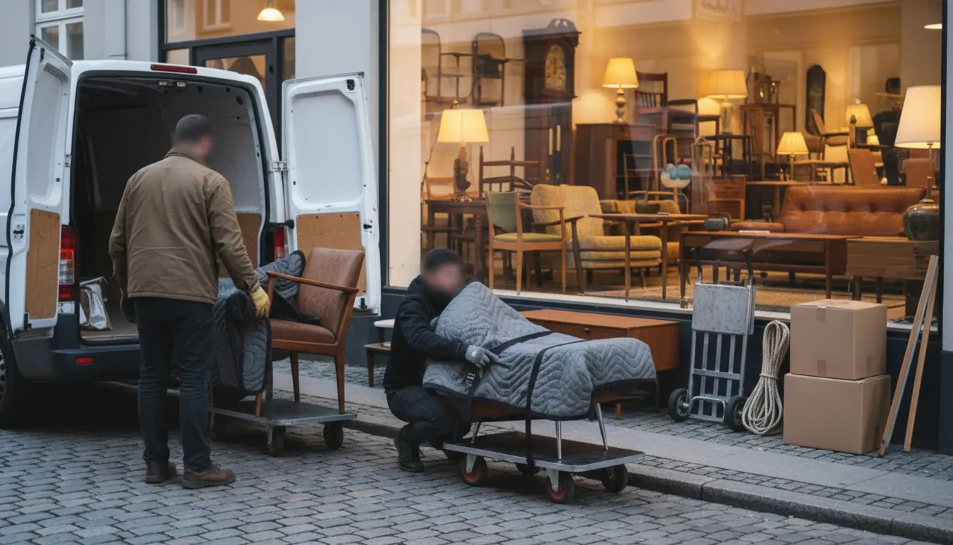 To personer læsser vintage møbler fra en genbrugsbutik ind i en varevogn i Odense.