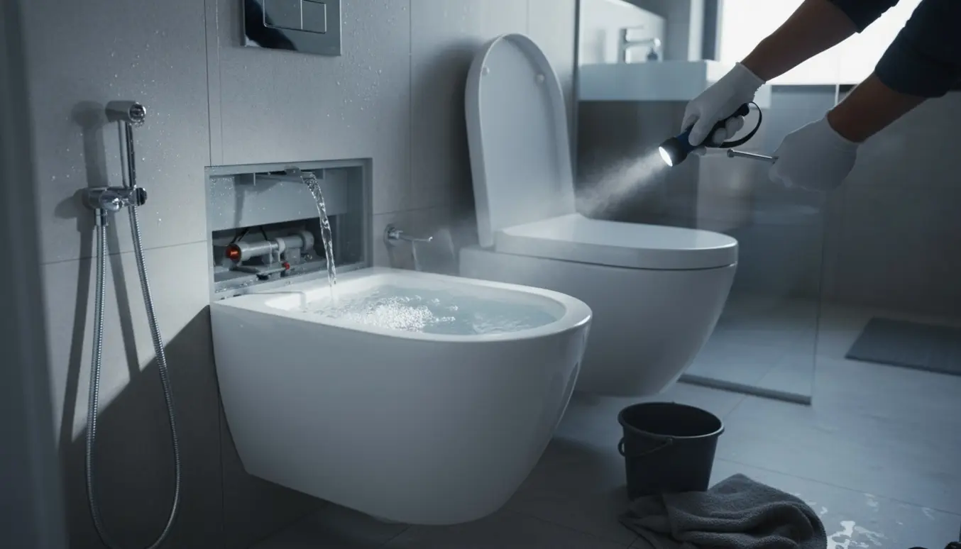 Åbent servicepanel ved et væghængt toilet med dryppende cistern, værktøj og en spand klar til reparation.