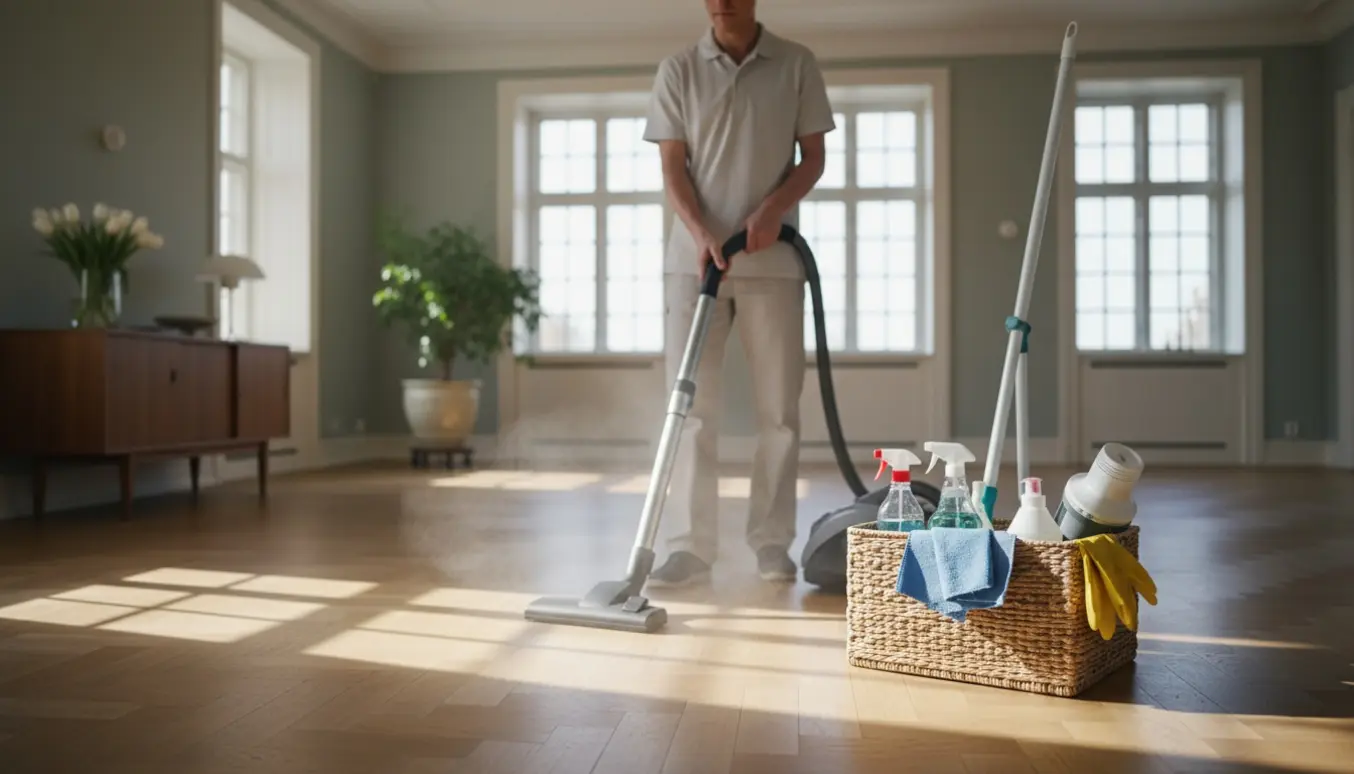 Rengøringshjælp støvsuger parketgulv i en solbeskinnet gammel villa med rengøringskasse ved siden af.