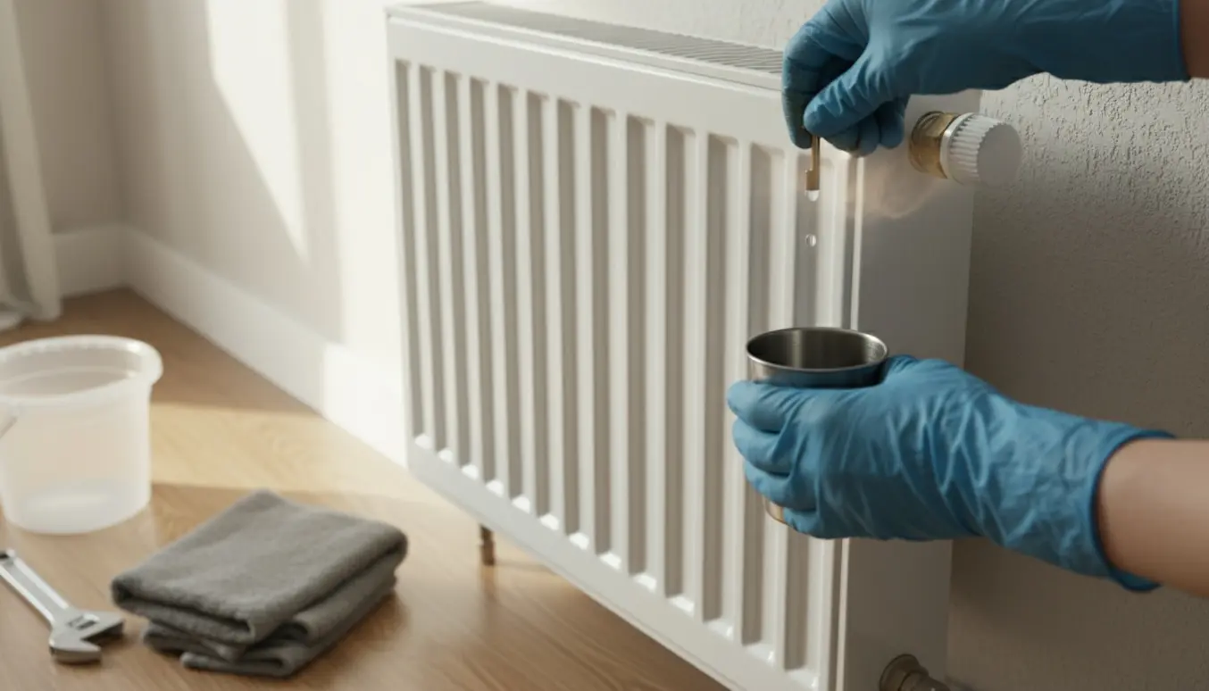 Nærbillede af hænder, der lufter en kold radiator med værktøj, mens den øverste rørledning er varm.