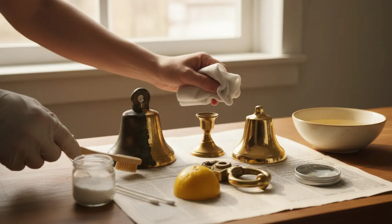 Hænder pudser en gammel skibsklokke og messinglysestager på et træbord med pudsemidler.