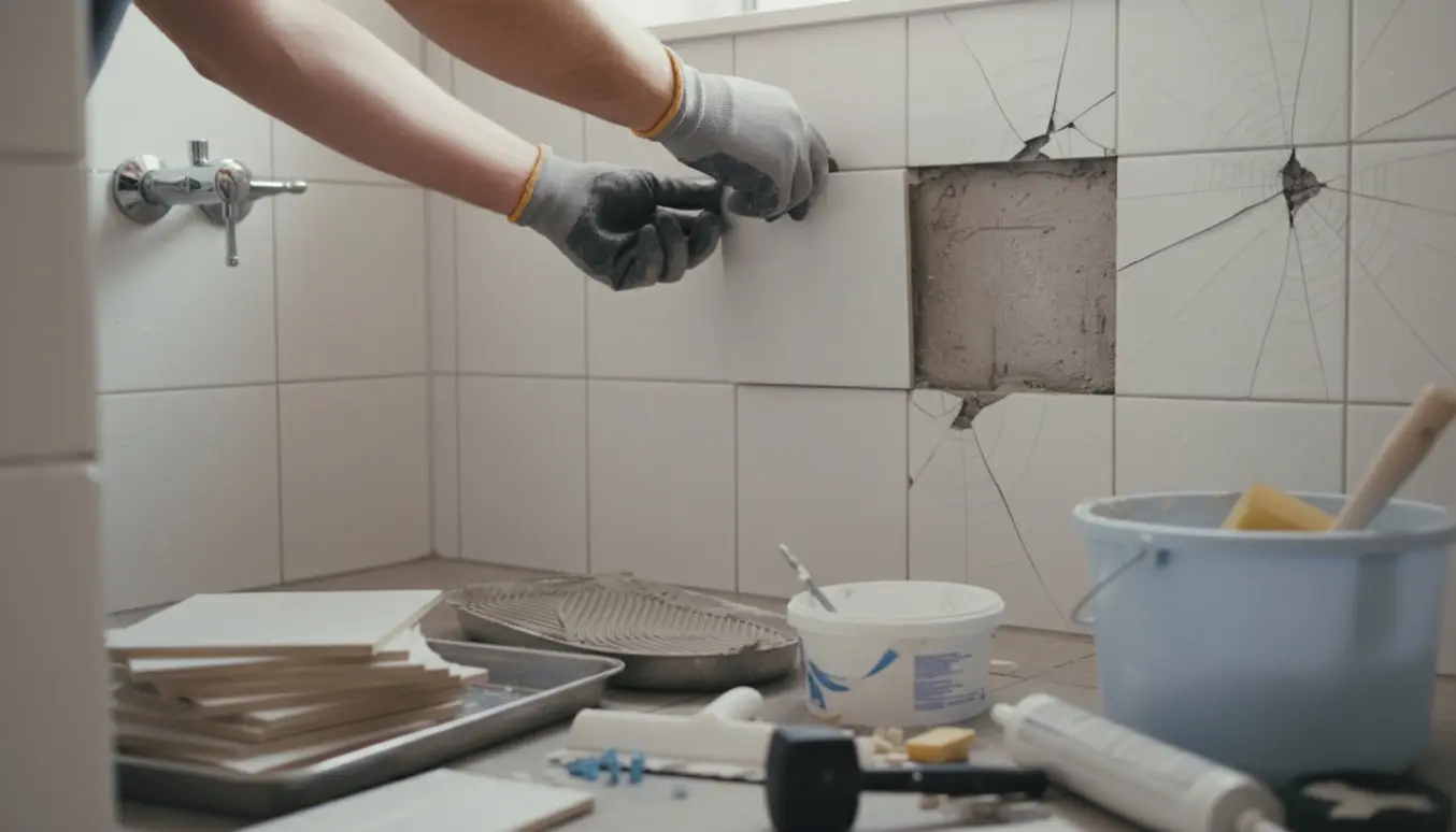 Hænder i handsker sætter en ny flise i et brusehjørne med knækkede fliser og fugematerialer omkring.