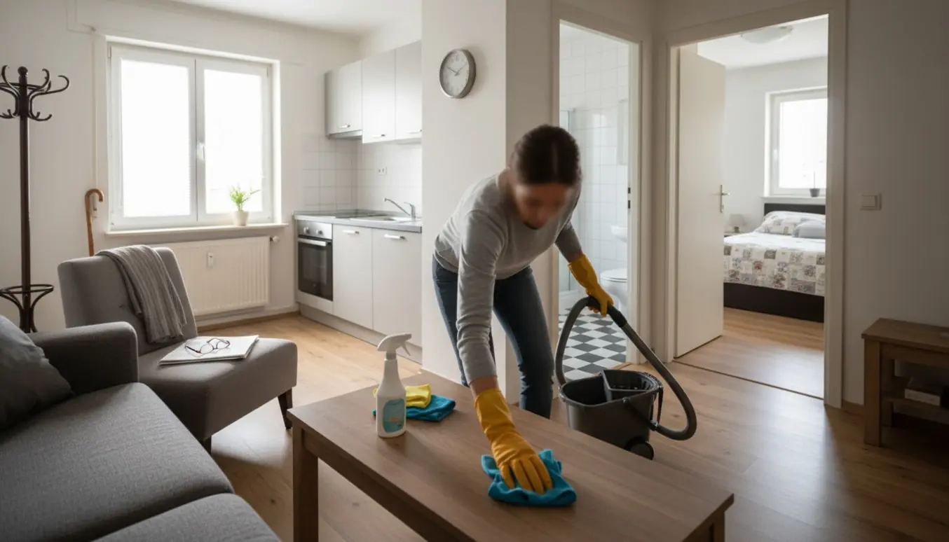 Soloplyst lejlighed under hovedrengøring med rengøringsudstyr og en rygvendt person, der pudser et bord.