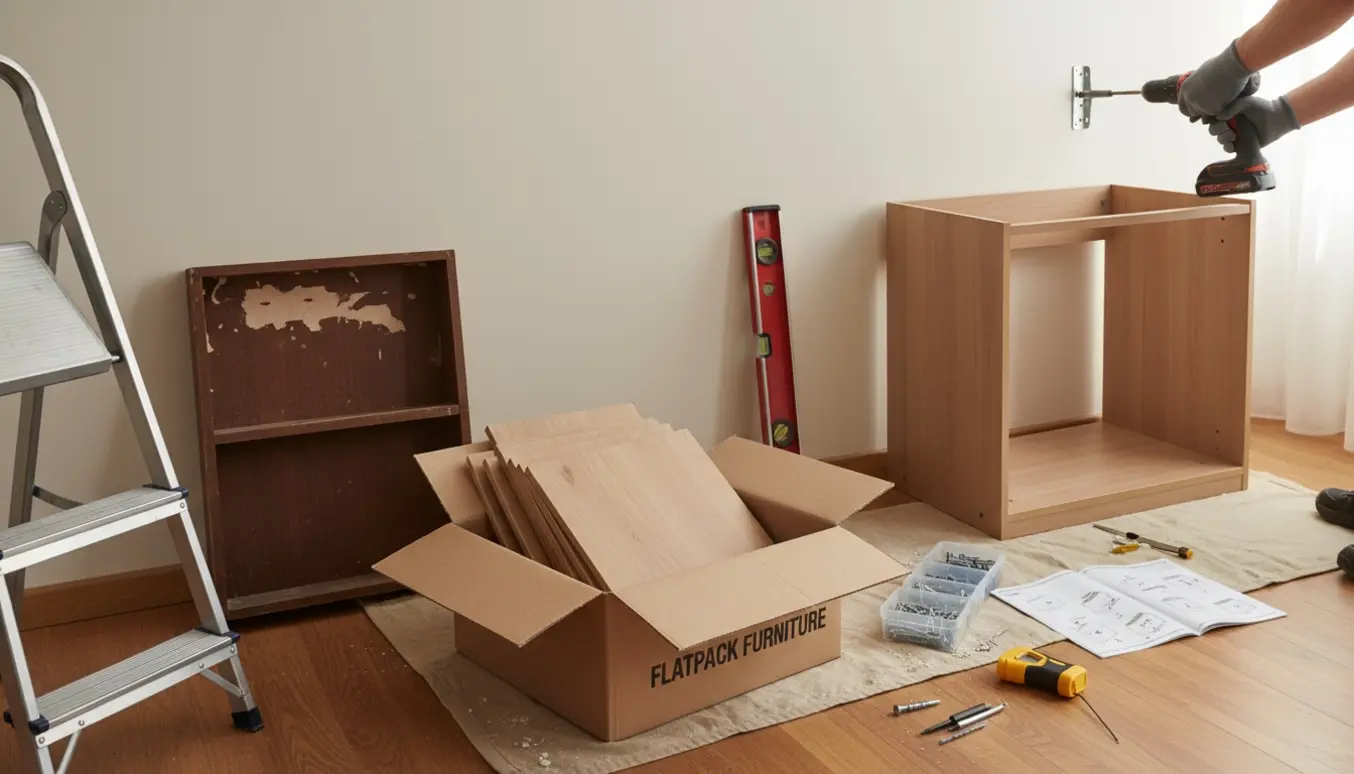 Hænder med boremaskine monterer et nyt fladpakkeskab i en lejlighed med værktøj spredt på gulvet.