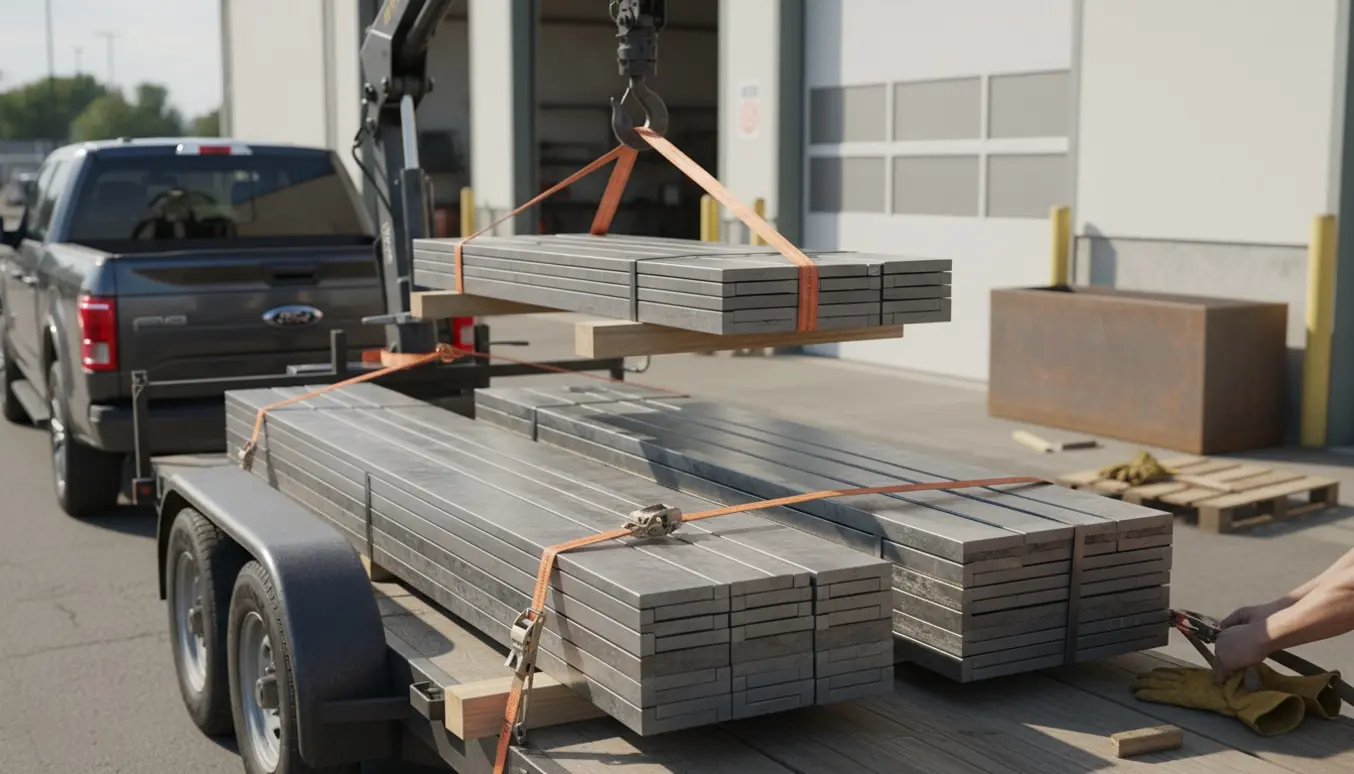 Stakke af rektangulære stålplader sikret med stropper på en trailer ved en garage, klar til transport.