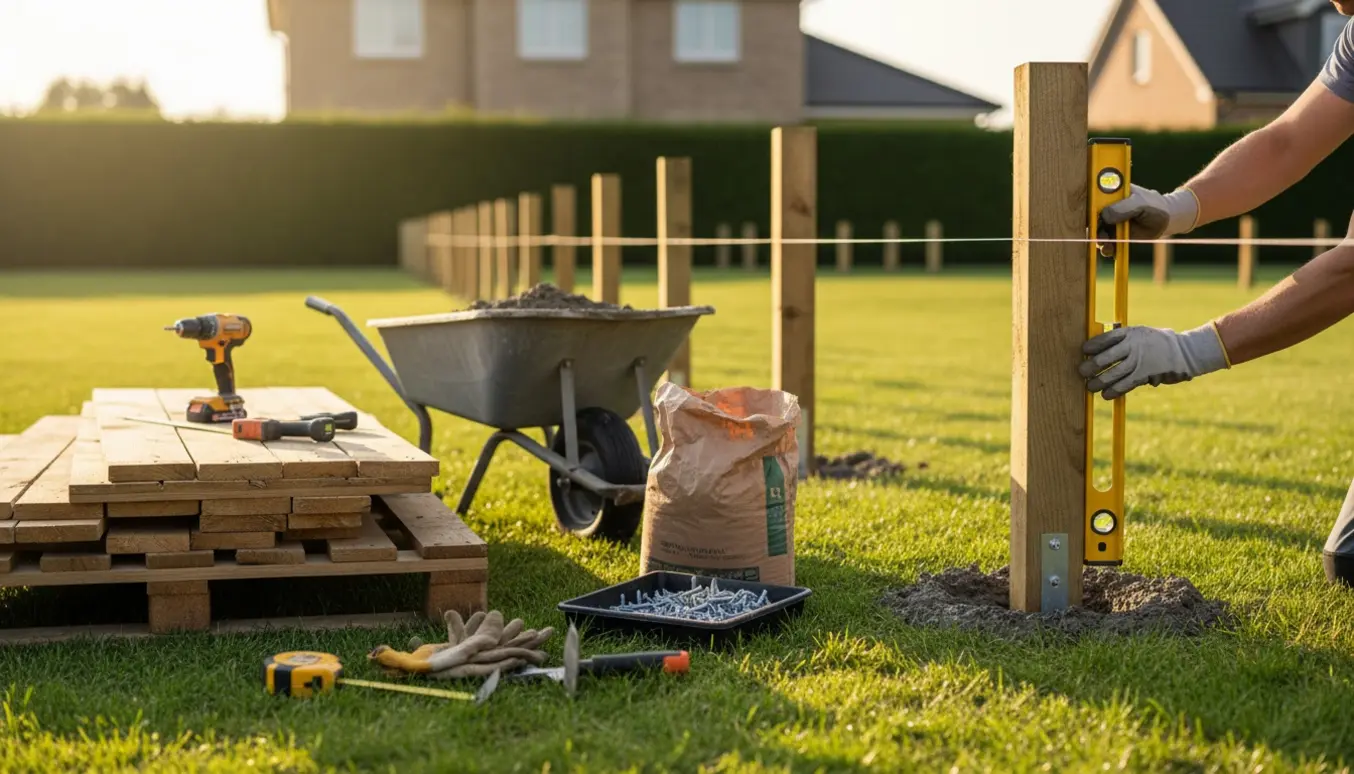 Et træhegn under opsætning i en baghave med værktøj, stolper og monterede paneler.
