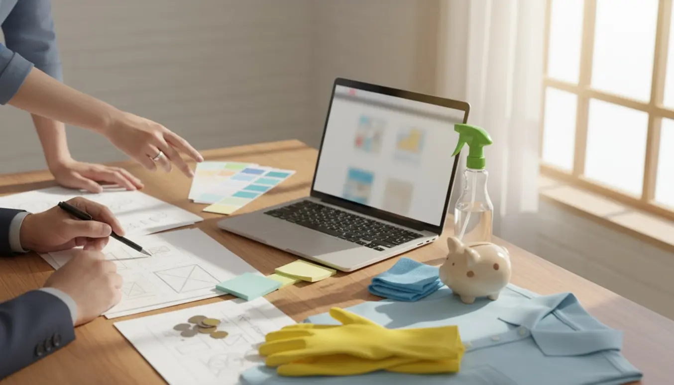 Over-shoulder billede af laptop med sløret hjemmeside-skitse og rengøringsudstyr på et solbelyst bord.