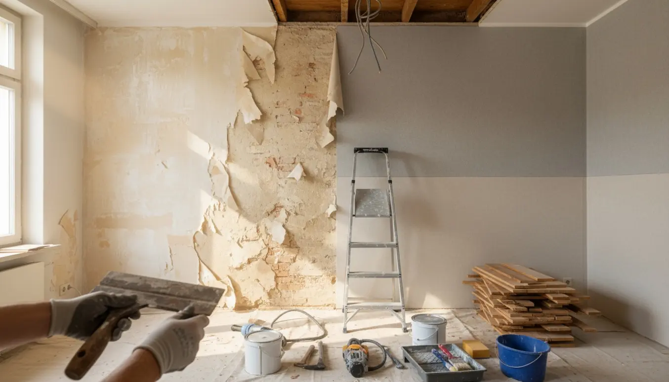 Værelse under renovering med delvist fjernet savsmuldstapet, opsat filt, maleredskaber og et træloft delvist nedtaget.