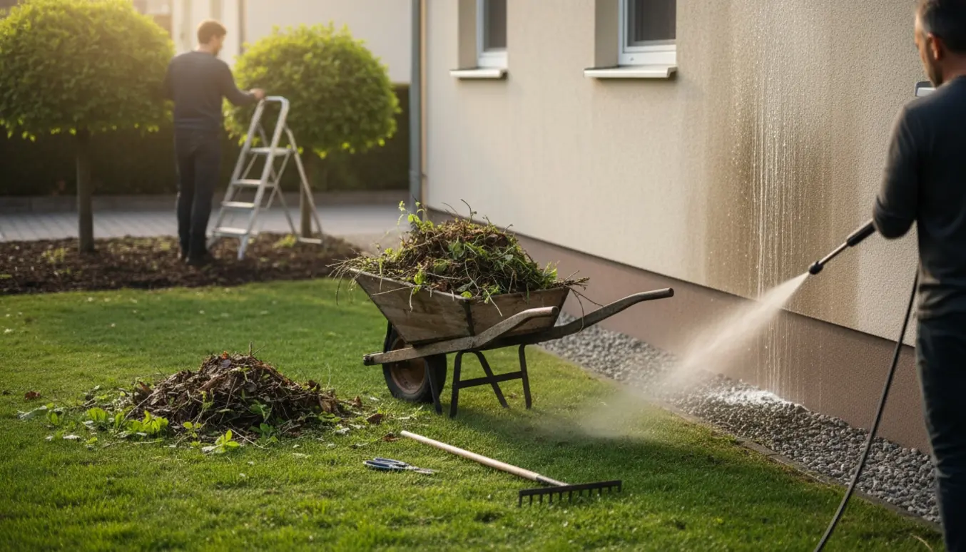 En have i forårsklargøring med en person set bagfra, der højtryksrenser husmuren, og en trillebør med ukrudt og beskårne grene.