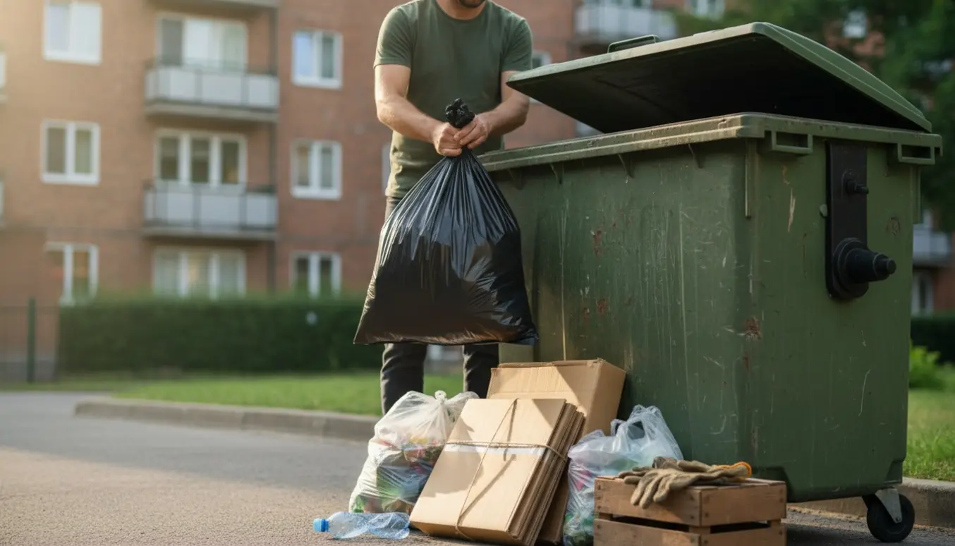 En person lægger en sort affaldssæk i en stor metalcontainer i en gård.