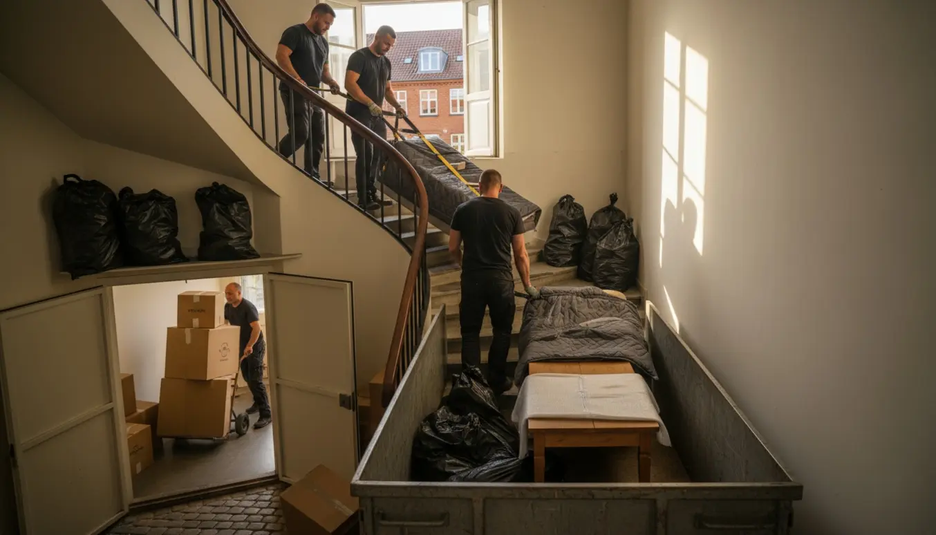 Flyttefolk bærer møbler og flyttekasser ned ad trappen til en åben container udenfor.