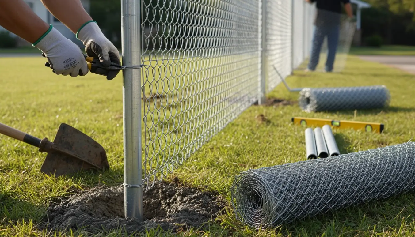 Nærbillede af opsætning af rionet hegn langs fortovet med stolper, rionetrulle og handsker.