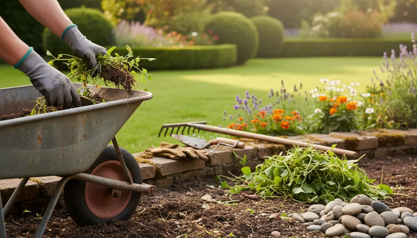 Nærbillede af hænder, der fjerner ukrudt og samler sten i en trillebør under oprydning af en baghave.