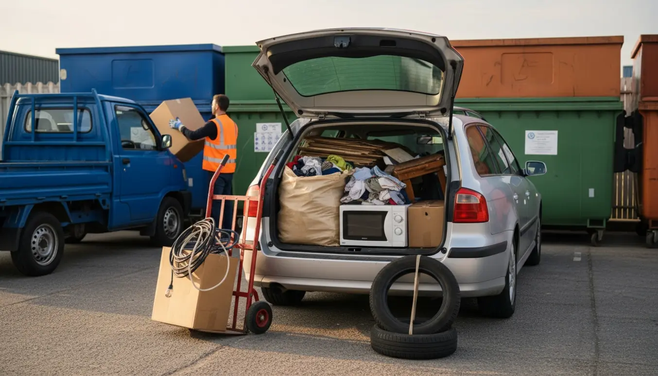 Bil og trailer fyldt med kasser og gamle ting ved genbrugsplads, folk læsser af uden synlige ansigter.