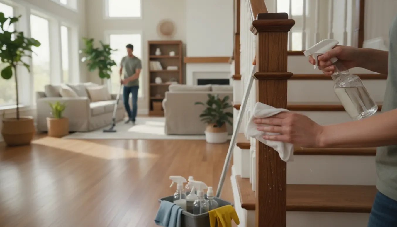 Rengøringspersoner rengør et lyst og rummeligt hus med støvsuger og rengøringsvogn.