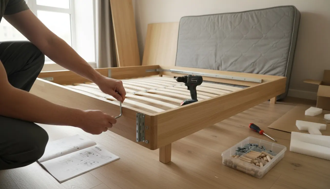 Hænder samler en flat-pack seng i et lyst soveværelse med værktøj og træramme.