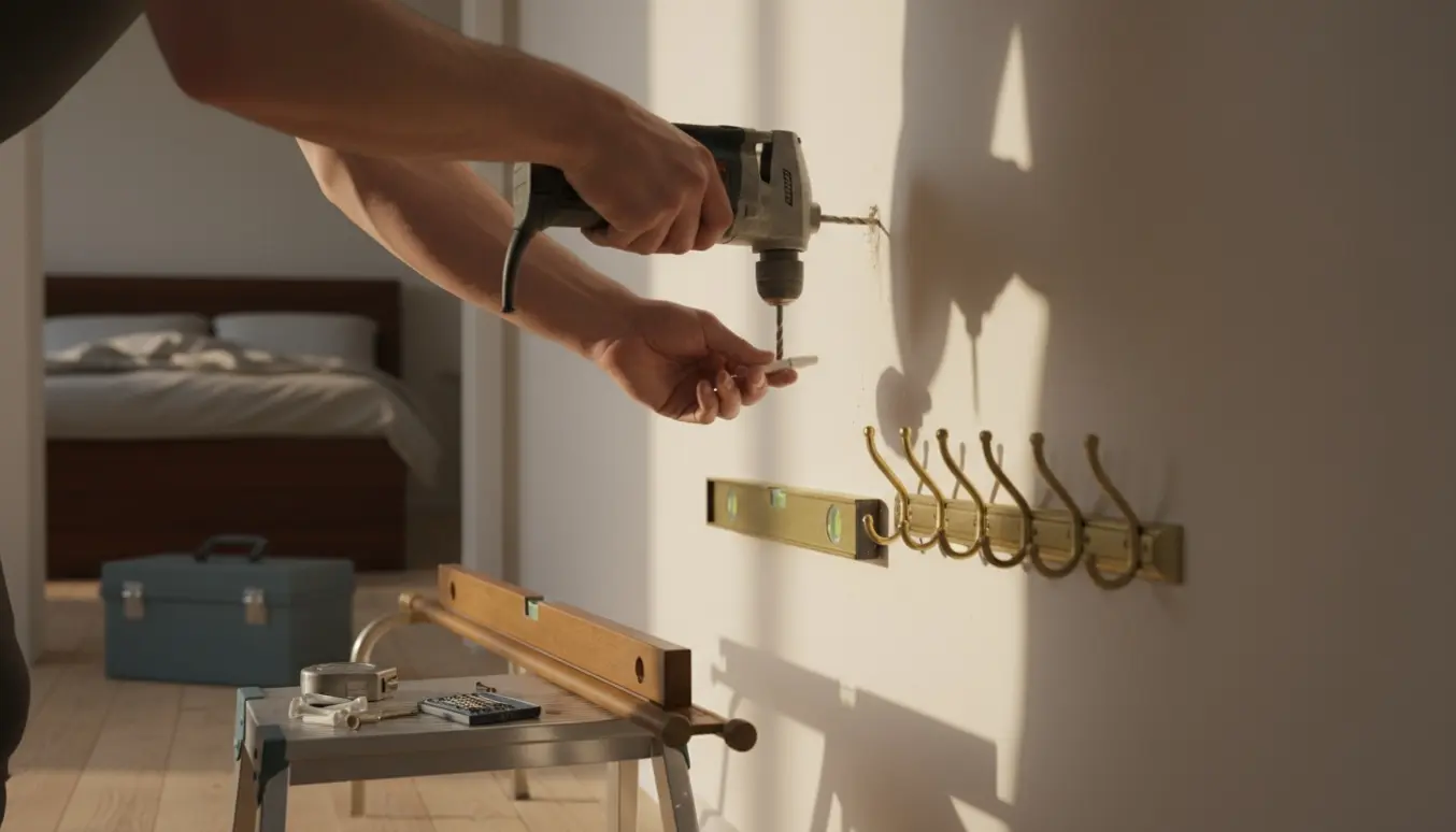 Hænder med boremaskine monterer tøjstativ og knager med rawlplugs ved en døråbning mellem værelse og gang.