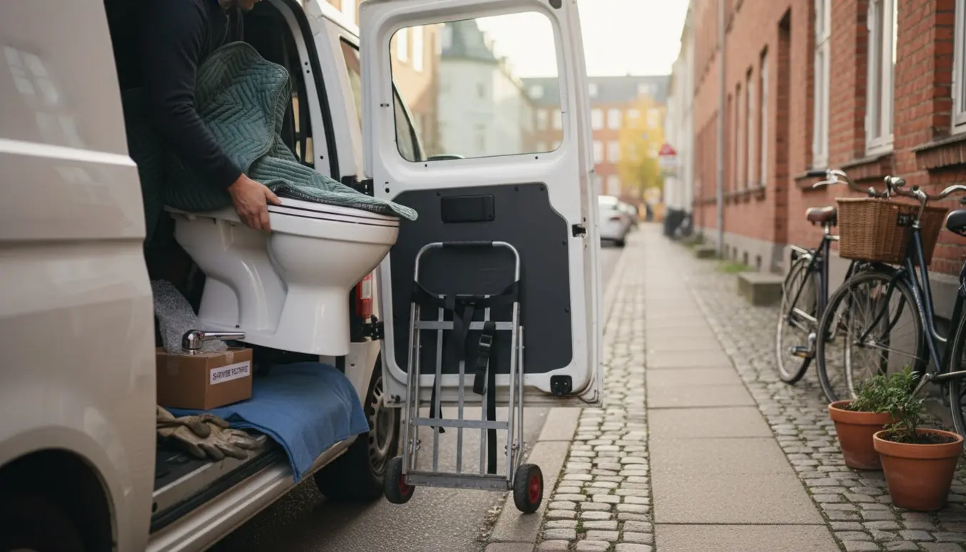 Lastning af indpakket toilet og brusearmatur i en varebil på en københavnsk villavej i aftenslys.