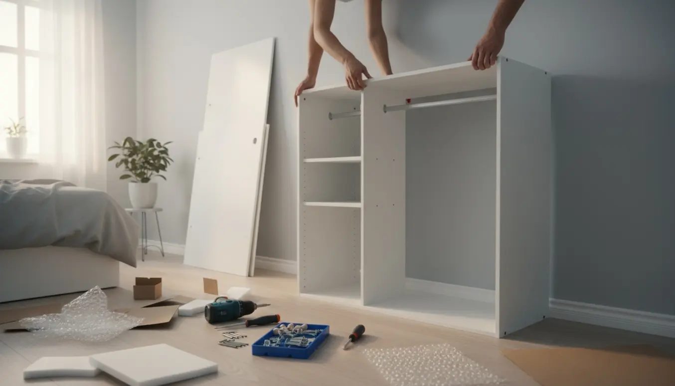 Hænder samler et hvidt fladpakket garderobeskab i et lyst soveværelse med værktøj og dele.