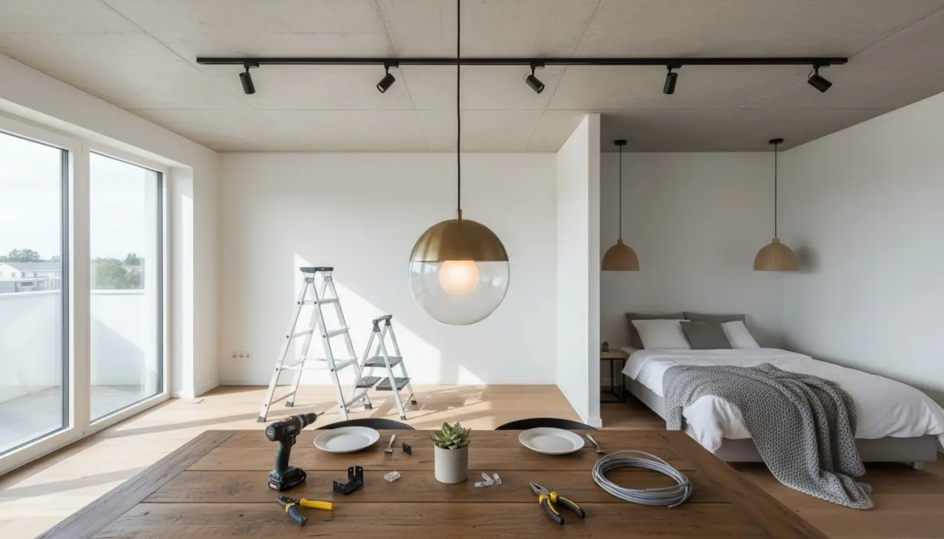 Installering af tre loftslamper: pendel over spisebordet, lampe over sengen og en spotskinne på loftet.