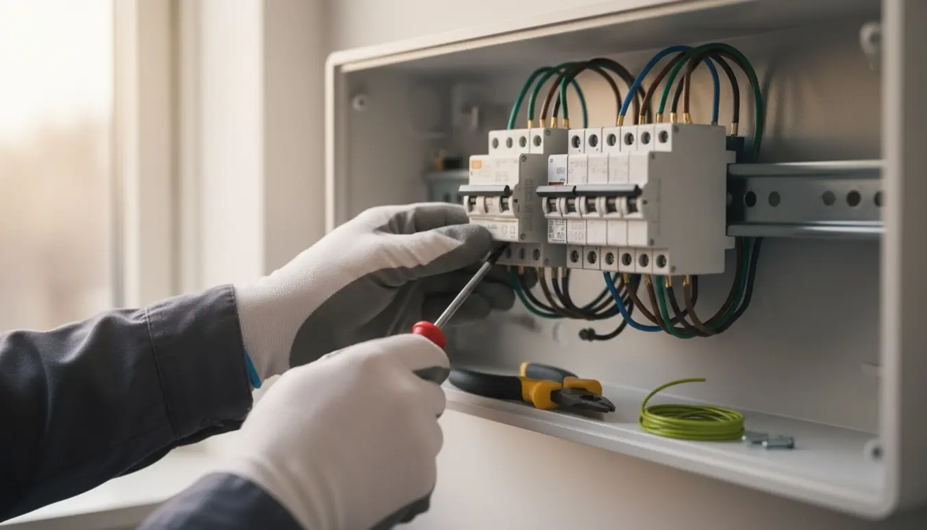 Nærbillede af hænder, der monterer et HPFI-relæ i et moderne eltavleskab med isolerede værktøjer.