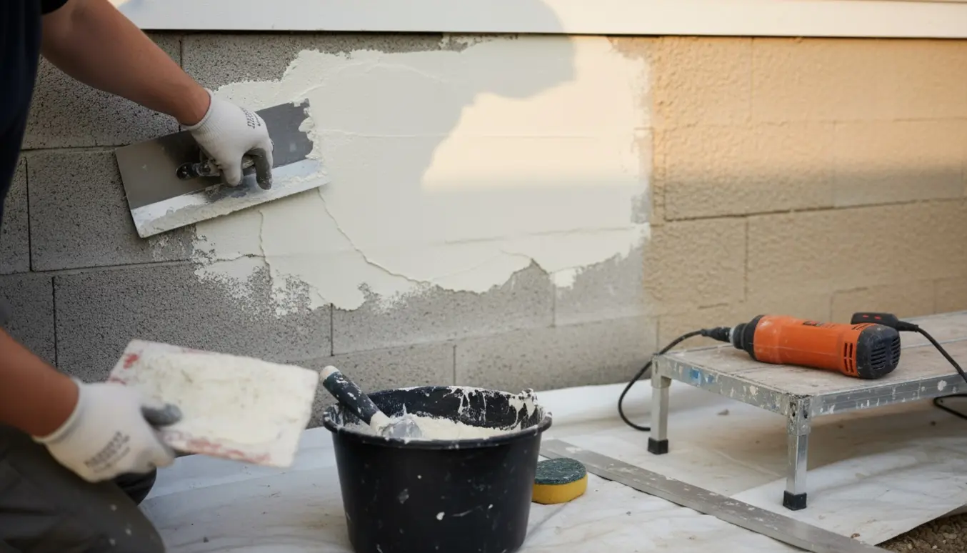 Nærbillede af handsker, der pudser en fundablokvæg med en murske for at matche husets sokkel.