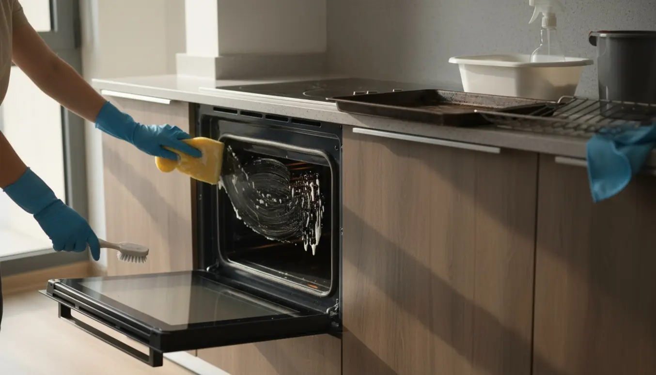 Glat nærbillede af handskerede hænder, der skrubber ovnens indre med en svamp, mens bradepande og ovnriste ligger på køkkenbordet.