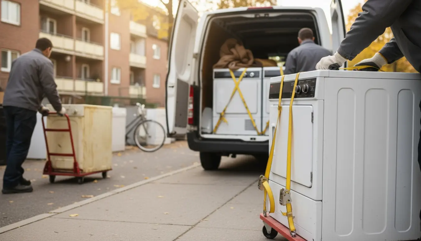 En varebil med en tørretumbler og en ældre tørretumbler på tralle ved en lejlighedsbygning, klar til transport og aflevering på genbrugspladsen.
