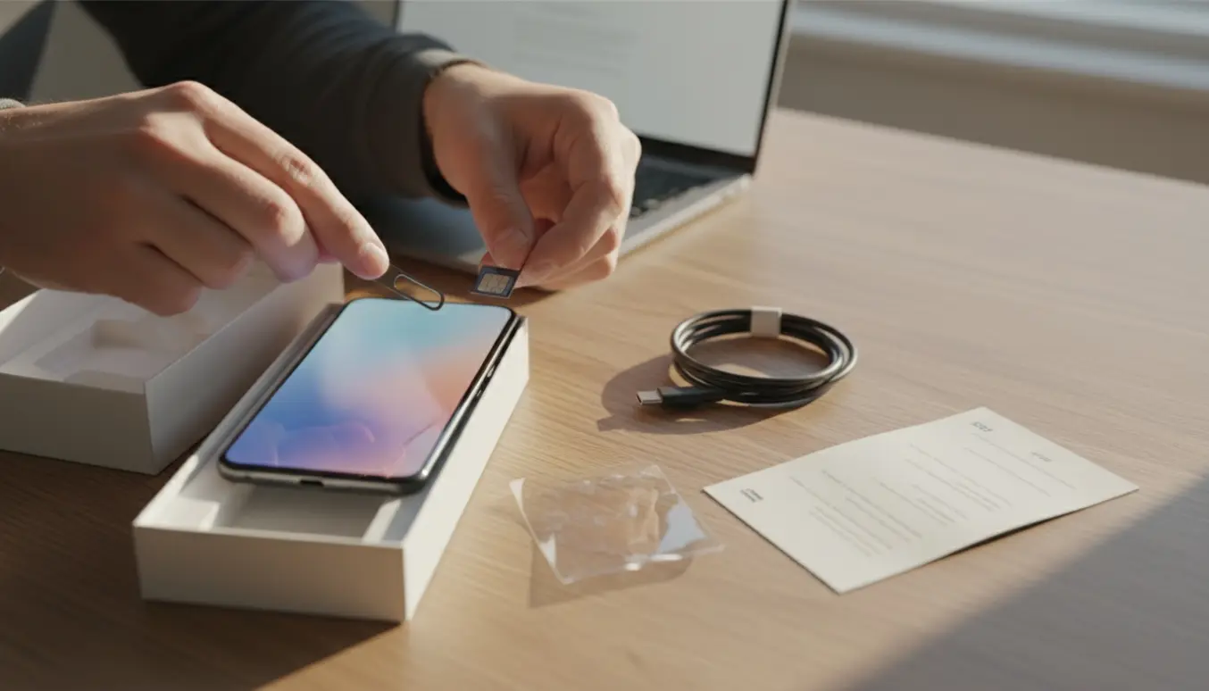 Hænder isætter et nano-SIM i en ny mobil ved siden af åben emballage og opladerkabel.